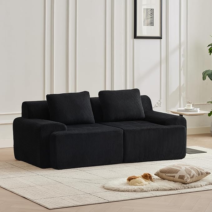 Modular Sectional Sofa with Movable Ottoman, 2 Seat Deep Seat Couch with 2 Pillows, Comfy Cloud Sectional Sofa for Living Room, Bedroom and Apartment (Black, 2 Left+2 Right)