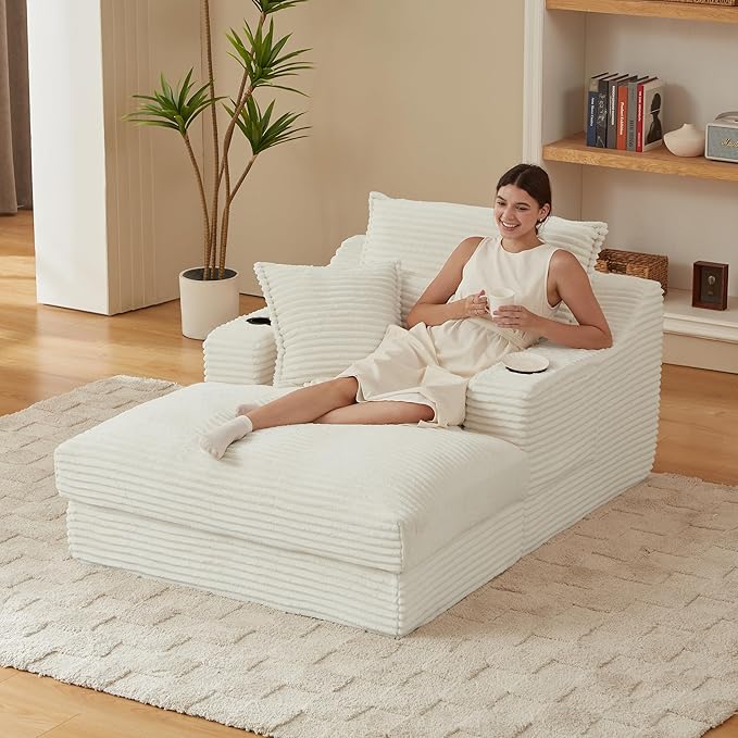 47 Inches Oversized Chaise Lounge Chair Indoor, Fluffy Corduroy Upholstered Boneless Sleeper Sofa Couch with Cupholders and 3 Throw Pillows, Deep Seat Lazy Lounger Cloud Couch Bed for Living Room
