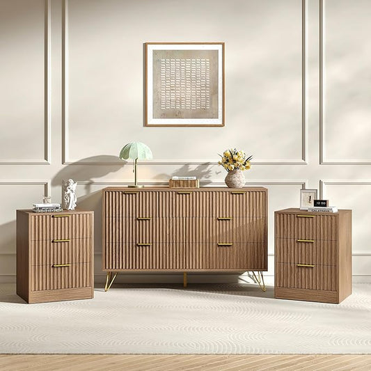 7 Drawer Dresser and Nightstand Sets for Bedroom, 3 Pcs Fluted Bedroom Set，3 Drawer Night Stand Set of 2 & 7 Drawer Dresser with Golden Handles, Wood Chest of Drawers Cabinet Set, Natural Oak