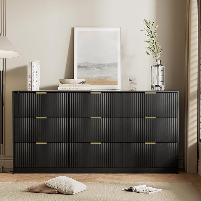 Furniway Black Dresser Bedroom Set 3 Pieces, Nightstands Sets of 2, 9 Drawer Dresser with Gold Handles for Bedroom