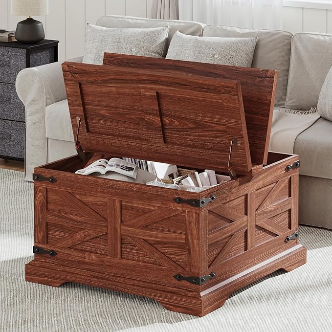 Farmhouse Coffee Table with Storage, Square Center Table for Living Room, Hinged Lift Top Soft Close, Wooden Large Hidden Storage with Metal Corner, Cherry Wood