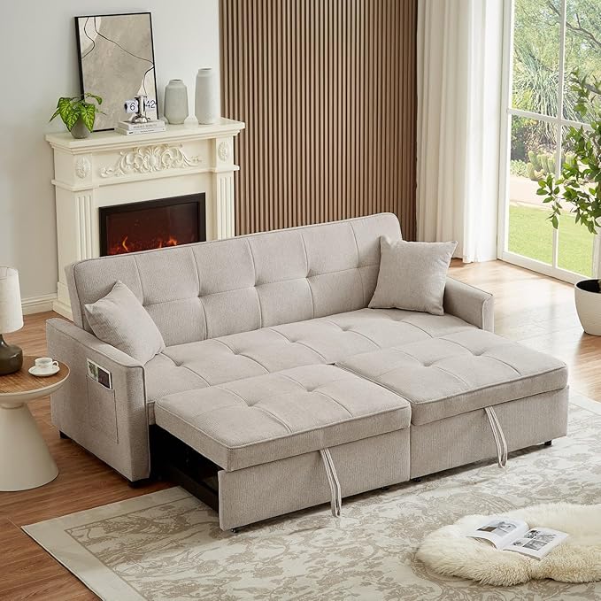 82" 3 in 1 Convertible Sleeper Sofa Bed, Modern Fabric Pull Out Couch, Loveseat Sofa with Pillows & Pockets, Futon Couch Bed Reclining Backrest for Living Room, Bedroom, Apartment, Beige