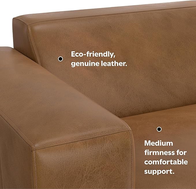 SIMPLIHOME Rex Left-Arm Sofa Module in Full-Grain Genuine Leather, Caramel Brown, 44-inches Wide, Handcrafted Modern-Style Left-Arm Accent Chair for Living Room and Family Room