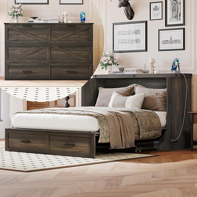 Bellemave Queen Murphy Bed, Cabinet Bed with Charging Station and Storage, Farmhouse Murphy Cabinet with Foldable Panel, Noisy Free, for Guest Bedroom, Living Room, Office, Rustic Gray