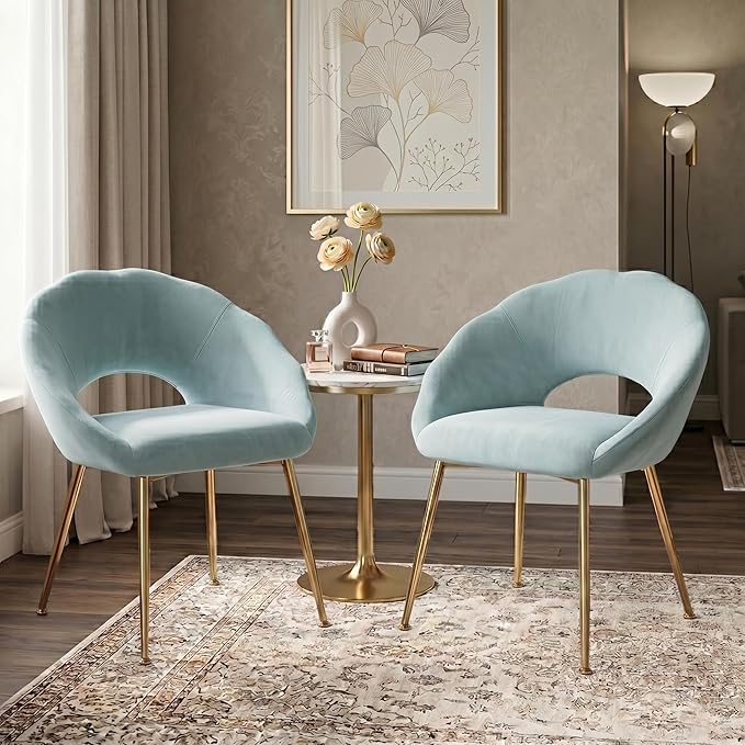 Modern Vanity Chair, Living Room Chair with Gold Metal Legs,Velvet Dining Chair, Comfy Accent Chair for Makeup Room, Waiting Room, Dressing Room, Bedroom, Dining Room, Home Office (2, Blue-green)