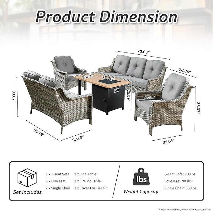 HOOOWOOO 5 Piece Patio Set with Fire Pit Table, All Weather Resistant High Back Rattan Outdoor Wicker Furniture (Dark Grey)