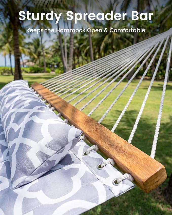 ANAGOO Double Quilted Outdoor Hammock for 2 Adults, 500lb Capacity Backyard & Camping Hammock with Pillow and Bamboo Spreader Bar, Fits 11–15ft Hammock Stands (Stand Not Included),Light Gray - Image 5