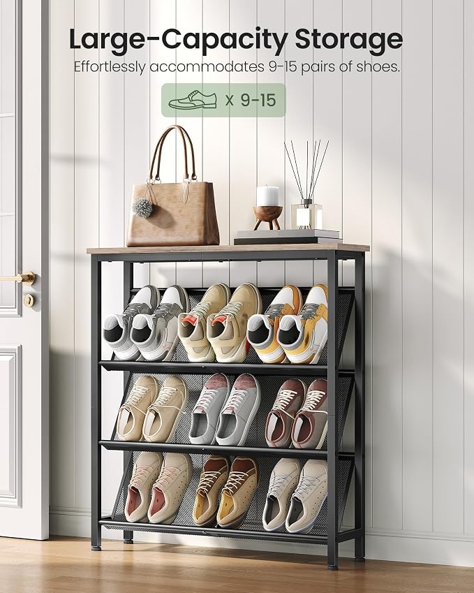 CHOEZON Shoe Rack, 4-Tier Slanted Shoe Storage Shelf, Narrow Shoe Rack for Entryway, Shoe Organizer with Adjustable Feet, Slim Shoe Shelf with Wooden Top and Metal Frame, Greige and Black TXJ75BG - Image 8