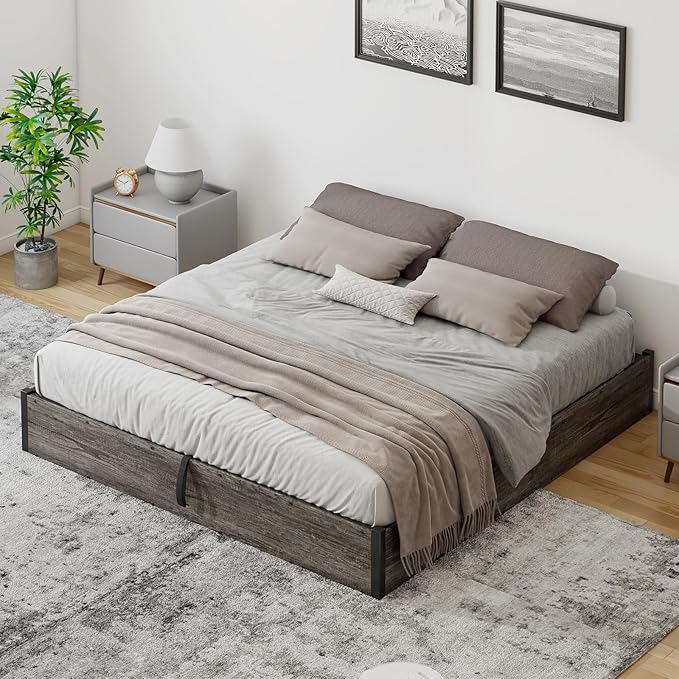 LUXOAK 3 Pieces Bedroom Sets, Includes King Size Lift Up Storage Platform Bed Frame, 2 Drawers Farmhouse Nightstand Set of 2 with Charging Station, No Box Spring Needed, Rustic Grey