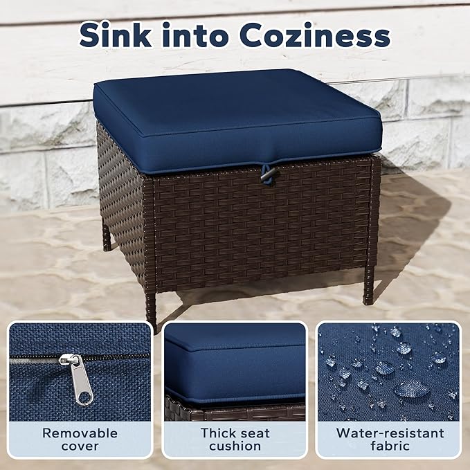 5 PCS Outdoor Conversation Set | 2 Swivel Chairs, 1 Side Table, 2 Ottomans, Patio Wicker Conversation Furniture with Removable Cushions for Bistro, Deck, Sunroom(Navy Blue)