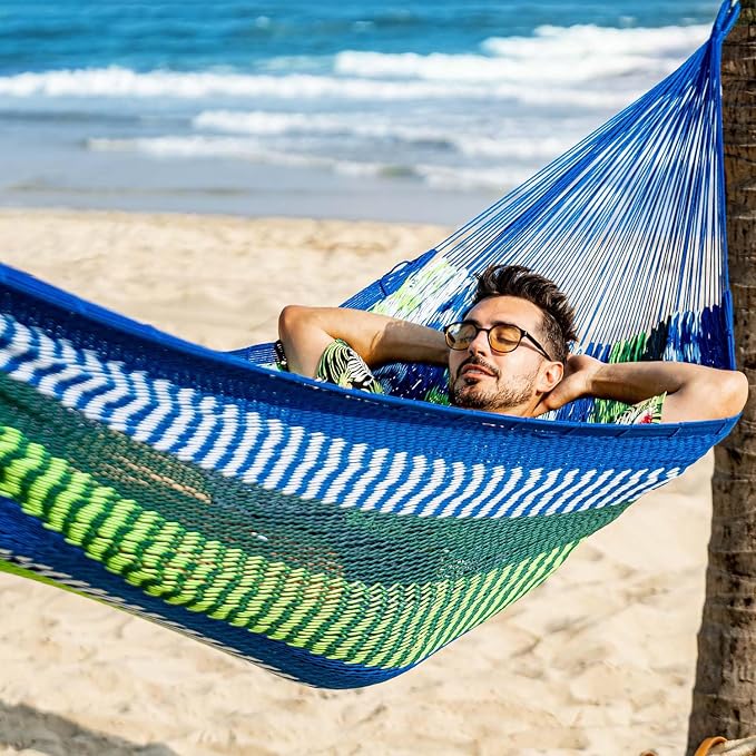 Lazy Daze Hammocks Handwoven Mayan Hammock, 10.5 FT Soft Rope Double Hammocks, Portable Outdoor Hammock with Carry Bag, 2 Straps & Carabiners for Patio Outside, 550 lbs Weight Capacity, Blue/Green - Image 2