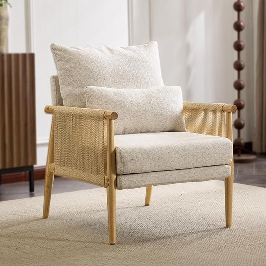 VINGLI Boho Braid Accent Armchair,Mid-Century Modern Chiar with Solid Wooden Armrest,Comfy Louge Cushion Chair with Waist Pillow for Bedroom,Living Room,Reading Room, Gray Beige