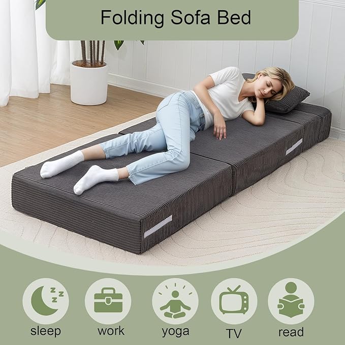 MeMoreCool Boneless Folding Chair Bed – Dark Grey Corduroy Single Sleeper Sofa, 4-in-1 Convertible Futon Couch with Pillow, Compact Fold-Out Floor Mattress with Washable Cover for Bedroom, Guest Room
