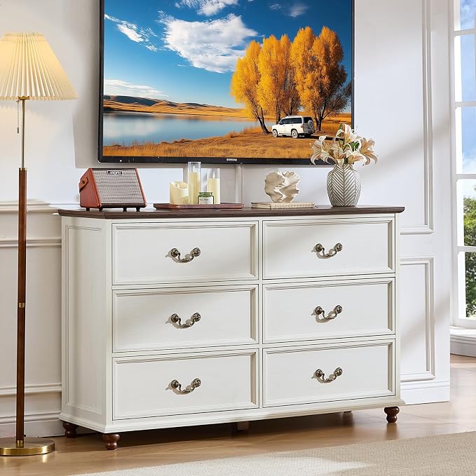 Joaxswe Farmhouse 6 Drawers Dresser for Bedroom, Vintage 54" Wide Chest of Drawers w/ 4 Wooden Legs, Rustic Large Closet Storage Dressers Organizer for Hallway, Wood TV Stand for Living Room, White - Image 9