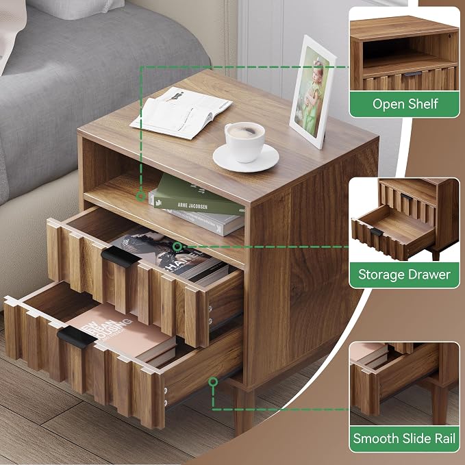 Fluted Nightstand Set of 2 with 2 Drawers, 19" Wide Night Stand with Solid Wood Legs, Open Storage Shelf, Mid Century Modern Wooden Bedside Table for Bedroom, Bed End Side Table, Walnut - Image 3