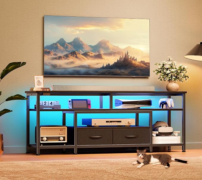 Huuger TV Stand for 55 60 Inch TV, Entertainment Center with Power Outlets and LED Lights, 54 Inch TV Console for Living Room, Media Console with Drawers and Shelves, Black - Image 8