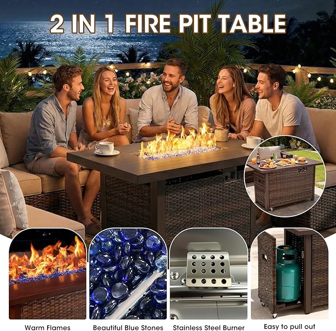 Grezone 7 Piece Patio Furniture Set with 44" Fire Pit Table, Outdoor Sectional Couch, PE Rattan Patio Conversation Sets with 4inch Cushions for Backyard Beige
