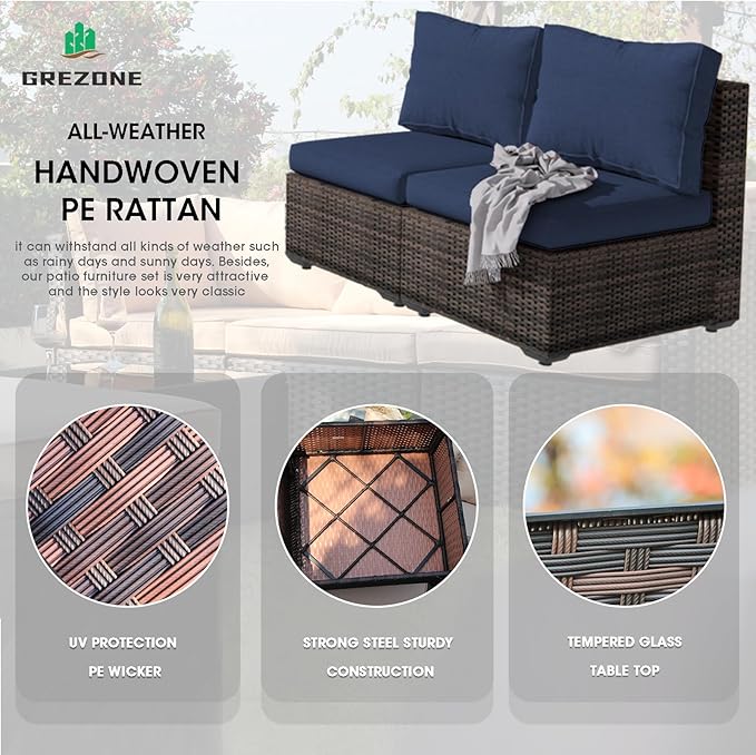 Grezone 15 Piece Patio Furniture Set with 44" Fire Pit Table, Outdoor Sectional Couch, PE Rattan Patio Conversation Sets with 4inch Cushions for Backyard Deep Blue