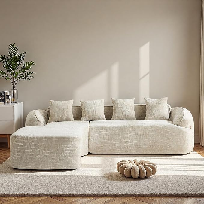 L Shaped Compression Sofa, Modern Modular Couch with Left Chaise Lounge & 4 Lumbar Pillows, Chenille Fabric Oversized 4-Seater Cloud Couch with Rounded Armrests for Living Room, Light Khaki
