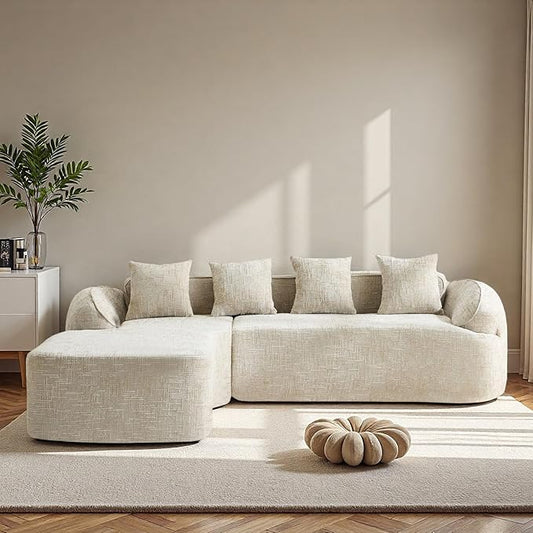 L Shaped Compression Sofa, Modern Modular Couch with Left Chaise Lounge & 4 Lumbar Pillows, Chenille Fabric Oversized 4-Seater Cloud Couch with Rounded Armrests for Living Room, Light Khaki