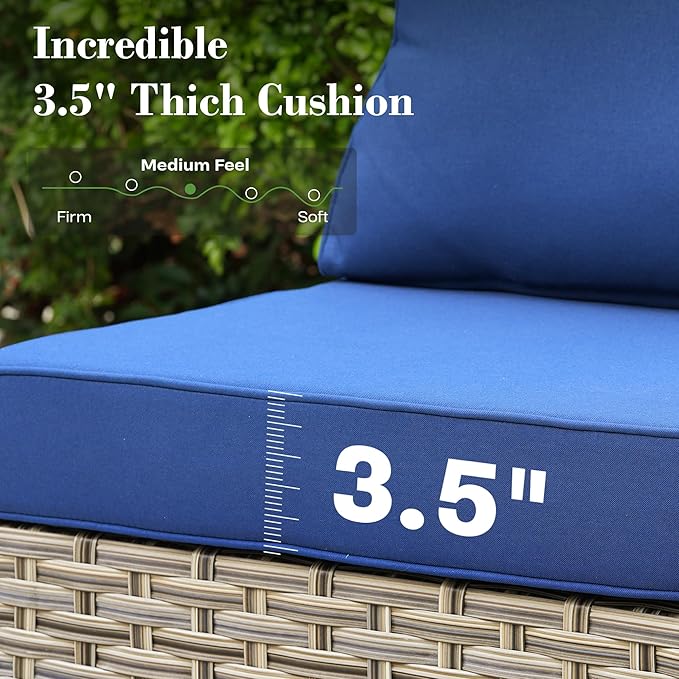 5 Piece Outdoor Patio Furniture with Glowing Coffee Table, Rattan Wicker Conversation Set with Sofa, Sectional Single Chairs for Outside Porch Balcony Backyard Pool,Blue