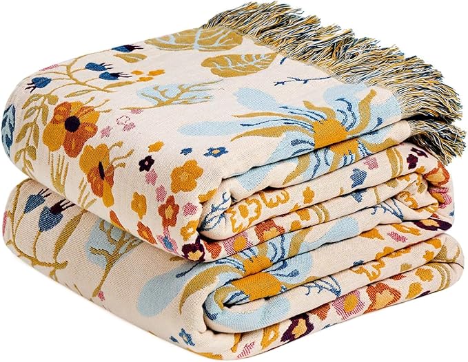 LUTBM Boho Throw Blanket with Florals & Leaves Embroidery Reversible Lightweight Spring Cotton Gauze Throws for Couch,Bed,Sofa & Chair Decor - Bohemian Living Room Accent Gift 50"x60"