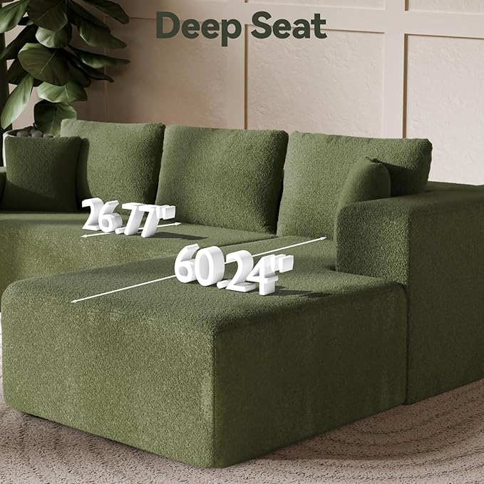 106" Modular Sectional Sofa, Green Wool Cloud Couch with Left Chaise, Deep Seat Boneless Floor Sofa for Living Room, High-Resilience Foam Support, No Assembly Required, Includes Pillows | Sectional Sofa, Corduroy Cloud, Boneless, High-Resilience, No As...