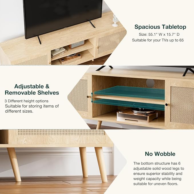 ZttRiee TV Stand for TVs up to 65'', Entertainment Center With Rattan Door, Shelves & 2 Cabinets, Long Boho Media Console for Living Room, Natural - Image 4