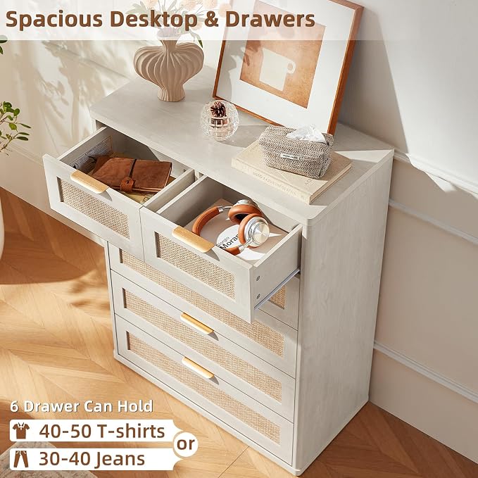 LEYAOYAO White Dresser for Bedroom, 41" Tall Chest of Drawers, Modern 6 Drawers Boho Rattan Dressers with Storage, Dresser Wooden Closet Organizer for Living Room, Hallway - Image 5