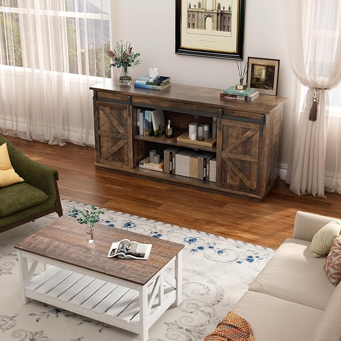 YESHOMY TV Stand for Televisions up to 65 Inches, with Sliding Barn Doors and Storage Cabinets, Console Table and Media Furniture for Living Room, 58 Inch, Barnwood - Image 3