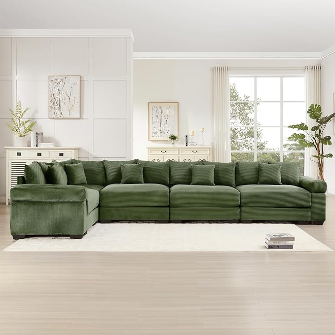 KEIKI 146" L-Shaped Oversized Corduroy Modular Cloud Sectional Sofa with High-Density Foam Cushion, Extra-Thick Armrest, Convertible 5-Seater Fluffy Corner Couch with 18 Pillow, for Living Room, Green