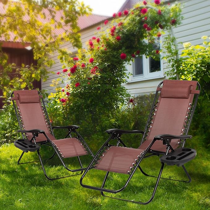 Nazhura Set of 2 Relaxing Recliners Patio Chairs Adjustable Steel Mesh Zero Gravity Lounge Chair Beach Chairs with Pillow and Cup Holder Khaki (Brown) - Image 2