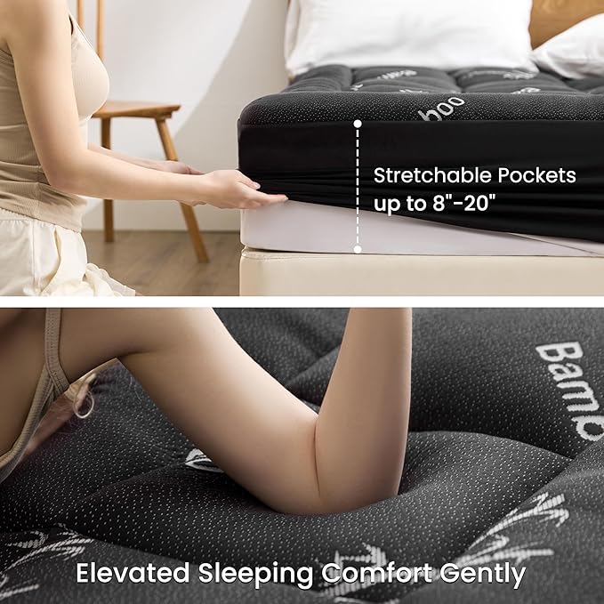 Love's cabin Twin Mattress Topper Viscose Derived from Bamboo, Thick Pillow Top Mattress Pad with Stretchable Pockets for 8"-20" Mattress, Breathable Cooling Mattress Topper for Hot Sleepers, Black