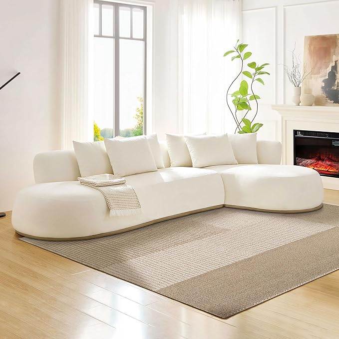 KEIKI 135" L-Shaped Oversized Boucle Sectional Sofa with Right Chaise, Modern 5-Seater Polyester Curved Couch with PU Leather Base & 6 Decorative Pillows, No Assembly Required, for Living Room, Beige
