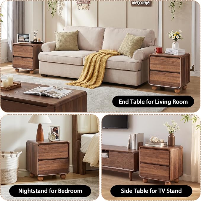 Small Night Stand Set of 2, Mid Century Modern Nightstands with 2 Drawers and Solid Wood Legs, 2 Drawer Dresser Curved Profile Design End Table Side Table for Small Space, Dorm, Bedroom(Walnut) - Image 6