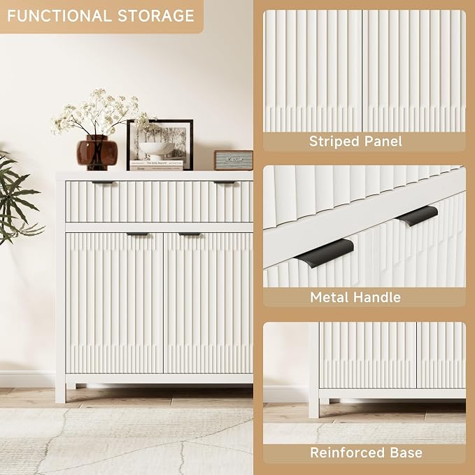 Fatmok Fluted Buffet Cabinet with Storage, 34" Tall Modern Arched Sideboard Cabinet w/AdjustableShelves,Wooden Modular Coffee Bar for Dining Room, Kitchen, Living Room, Entryway, White - Image 3