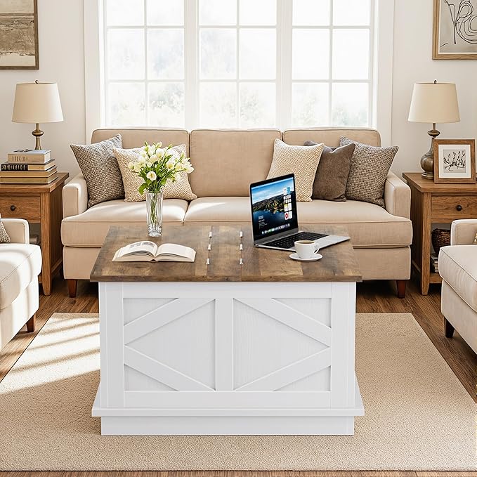 YESHOMY 31.5 inch Farmhouse Coffee Table, Coffee Tables for Living Room, Center Table with Flip-Top Lids, Large Storage Space (White)