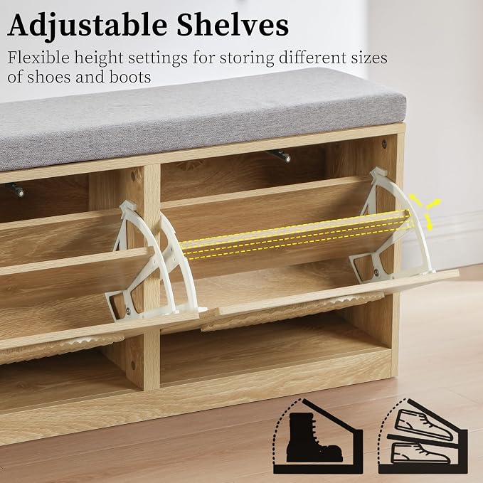 Narrow Shoe Storage Bench for Entryway, Wooden Shoe Cabinet with Flip Drawers& Adjustable Shelves, Shoe Rack Bench with Cushion, Shoe Organizer with Fluted Pattern for Hallway, Living Room (Natural) - Image 8