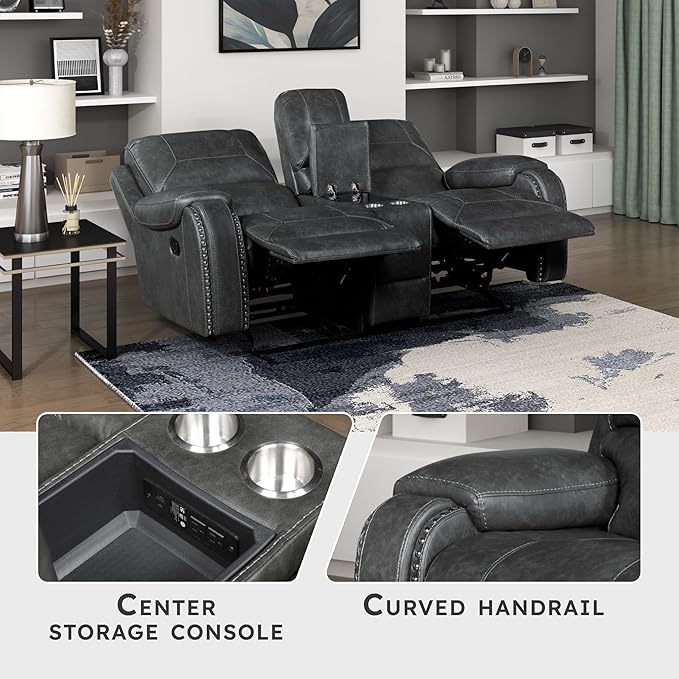Lexicon Modern Double Reclining Loveseat, Faux Leather Recliner Loveseat with Nailhead, Center Console, Receptacle and USB Ports, Manual Recliner Loveseat Couch for Living Room/Office/Apartment, Grey