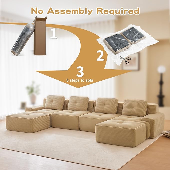 Casaphoria 150'' Camel Boneless Sectional Sofa, Corduroy 4-Seater Cloud Couch with 4 Pillows & 2 Ottomans for Living Room, U-Shaped Deep Seat Modular Sofa for Apartment, No Assembly