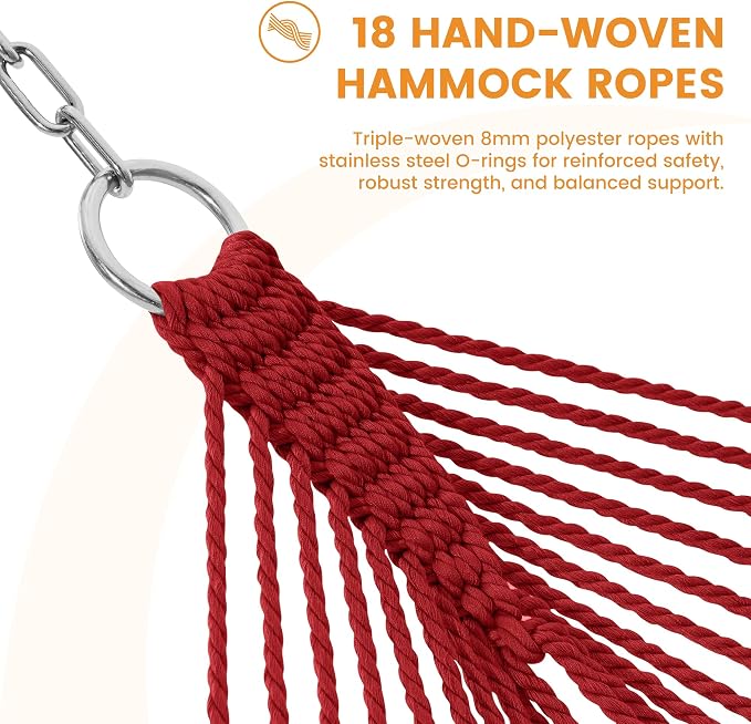 Lazy Daze Hammocks 10.5 FT Double 2 Person Caribbean Rope Hammock, Hand Woven Polyester Hammock with Spreader Bars, for Outside Outdoor Backyard Patio Poolside, 450 LBS Capacity, Red - Image 4
