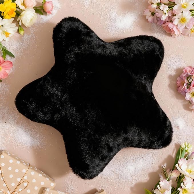 YRXRUS Star Pillows, Black Star Shaped Pillow, Decorative Throw Pillow Gifts, Cute Plush Room Decor, Fluffy Faux Rabbit Fur 14"x14"Pillows for Living Bedroom