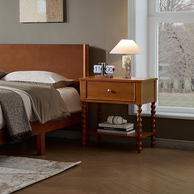 AMERLIFE 24" Walnut Nightstand Set of 2, Vintage Bedside Table for Bedroom, Solid Wood Night Stand with Turned Legs, End Table with Drawer & Open Shelf, Brown Walnut Finish - Image 8