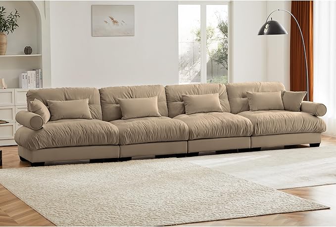 KEIKI 166" Oversized Velvet Modular Sectional Sofa with High-Density Foam Cushion and Bolstered Armrests, Upholstered Modern Style 4-Seater Cloud Couch with 6 Pillow, for Apartment, Living Room, Camel