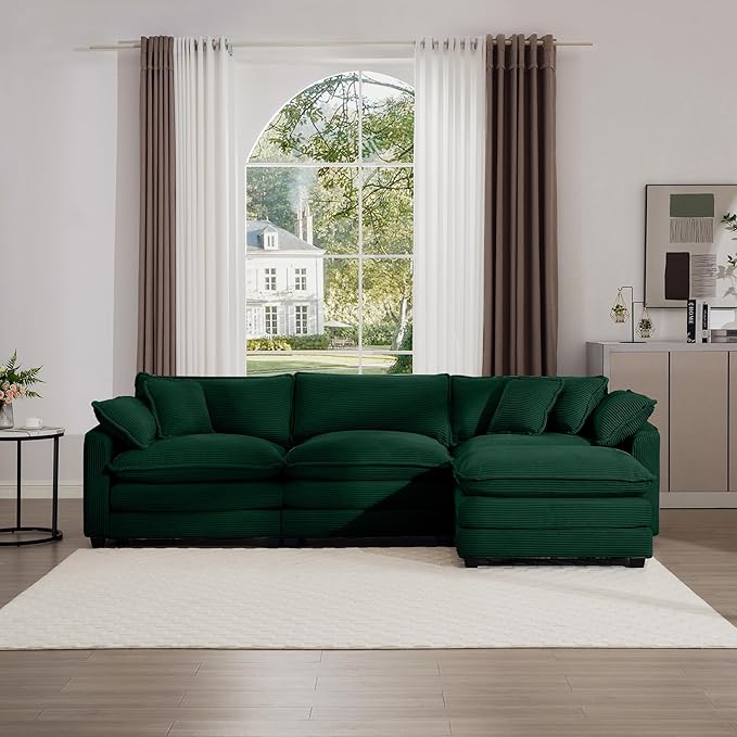 KEIKI 115" L-Shaped Oversized Corduroy Modular Sectional Sofa with 1 Ottoman, High-Density Foam Cushions, Removable Armrests, Upholstered 3-Seater Corner Couch with 5 Pillow, for Living Room, Green