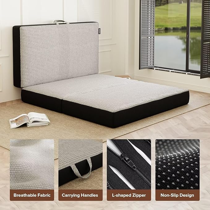 ROXGOX Memory Foam Trifold Mattress, Full Portable Floor Bed 6 Inch, Foldable Mat with Washable Cover, Handle & Non-Slip Bottom, for RV, Travel, Camping, Yoga, 73"x52"x6", Grey