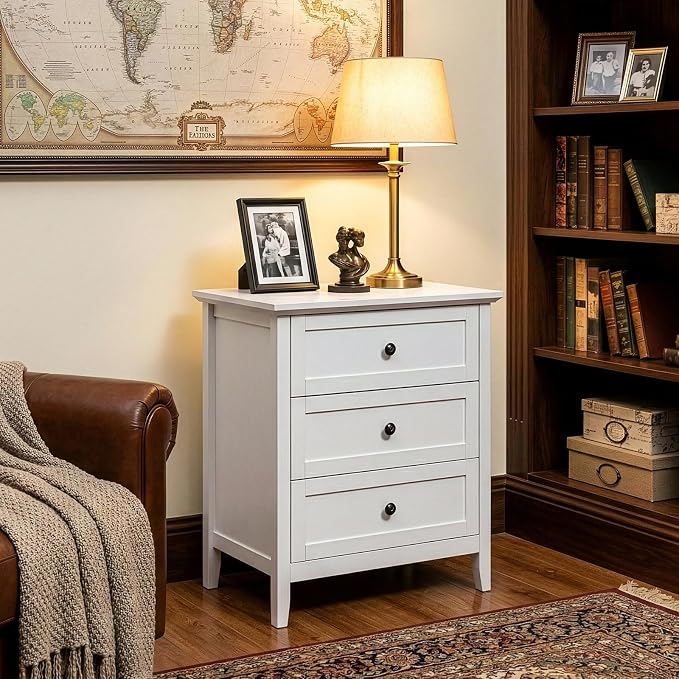 Karl home Farmhouse Nightstand with Charging Station, Wide End Table with 3 Large Drawers & Mental Handles, Wood Small Side Table of Drawers for Bedroom, Closet, White - Image 10