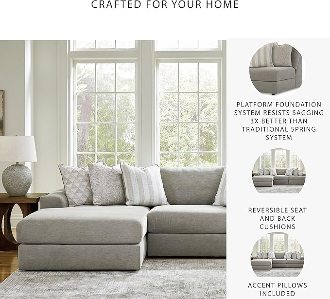 Signature Design by Ashley Avaliyah Casual L-Shaped 3-Piece Sectional with Chaise with Reversible Cushions and 6 Accent Pillows, Light Gray