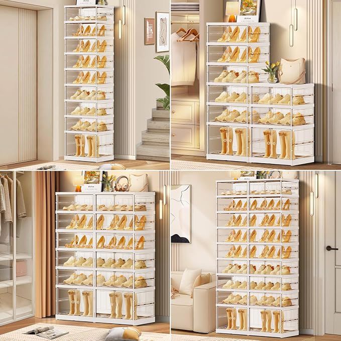 CIMLORD 3-Tier Foldable Shoe Rack for Closet Entryway 6-12Pairs,Stackable Clear Shoe Storage Boxes Organizer with Door Plastic Small Shoe Cabinet Bins with Lids Shoes Shelf Easy Assembly White - Image 4