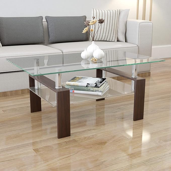 Tempered Glass Coffee Table for Living Room Furniture with 2 Tiers Size 1000X600MM (Walnut Black)